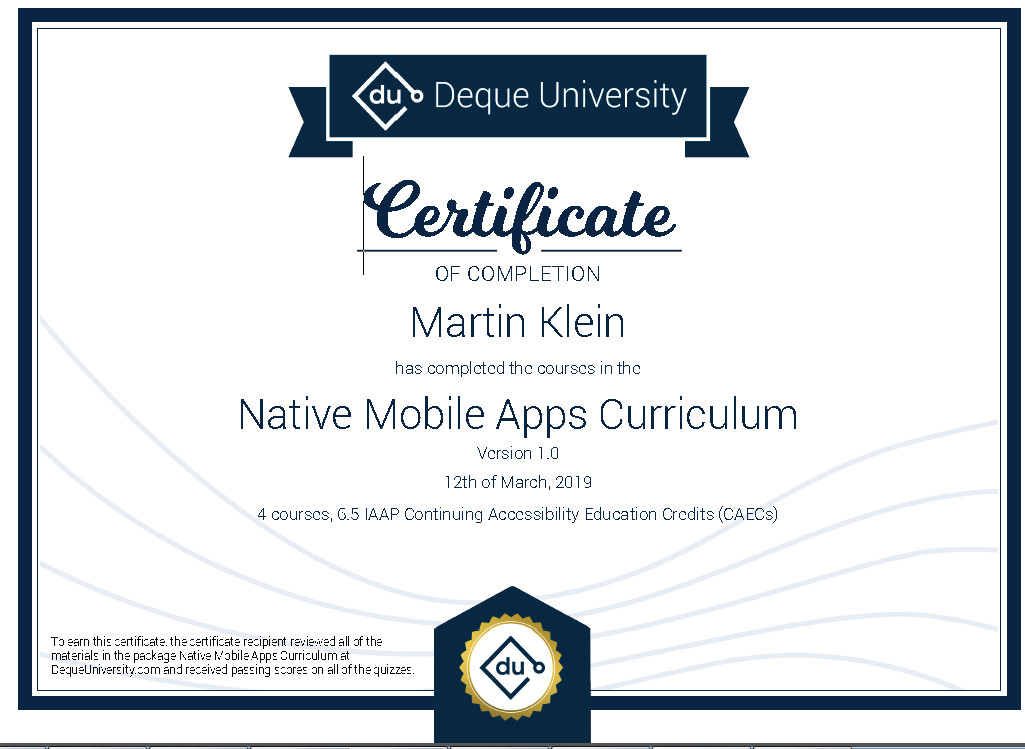 Certificate of completion - Native Mobile Apps Curriculum 1.0