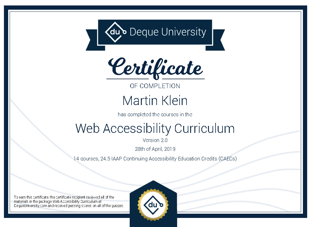 Certificate of completion - Web Accessibility Curriculum 2.0